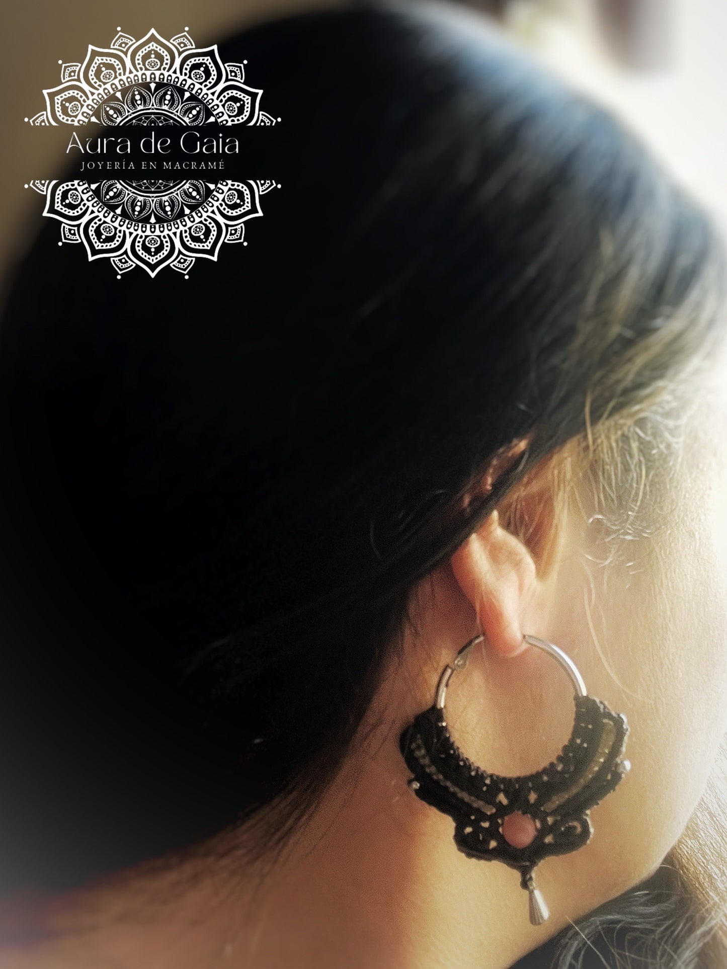 Pendientes Aro Boho Rodocrosita en macramé - Natural Rhodochrosite Boho Hoop Earrings