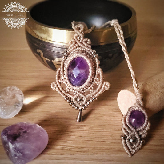 Collar De Macrame con Amatista Natural / Macrame Necklace with Natural Amethyst Quartz