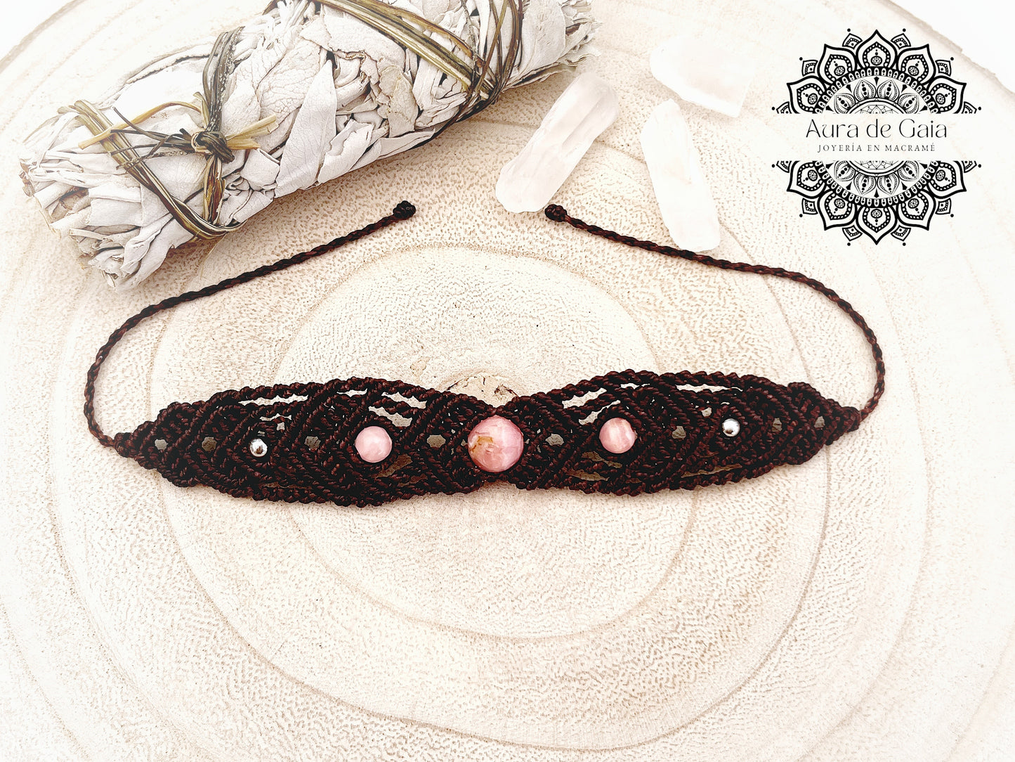 Pulsera en Macramé con Rodocrosita Natural - Macrame Bracelet with Natural Rhodochrosite