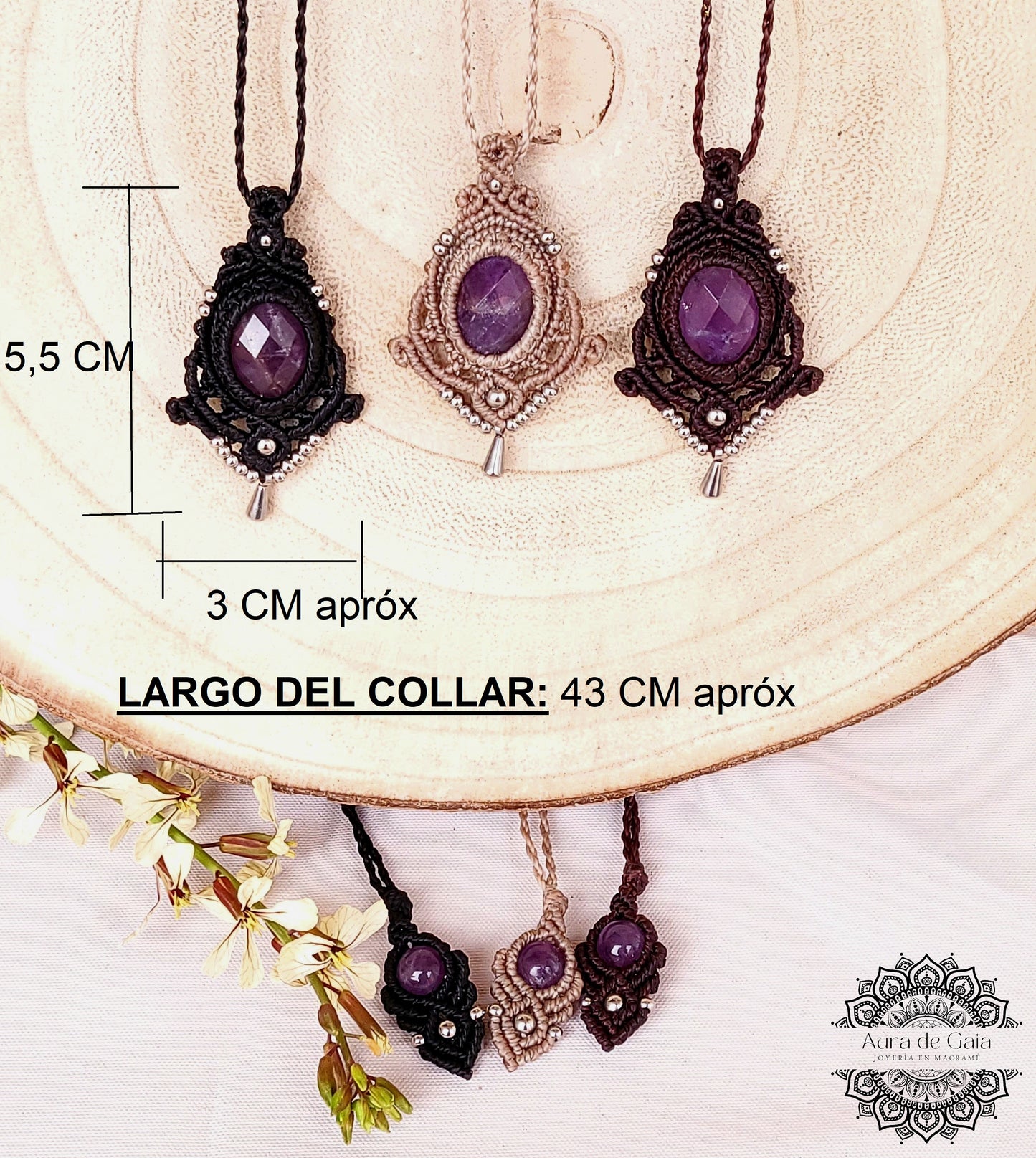 Collar De Macrame con Amatista Natural / Macrame Necklace with Natural Amethyst Quartz