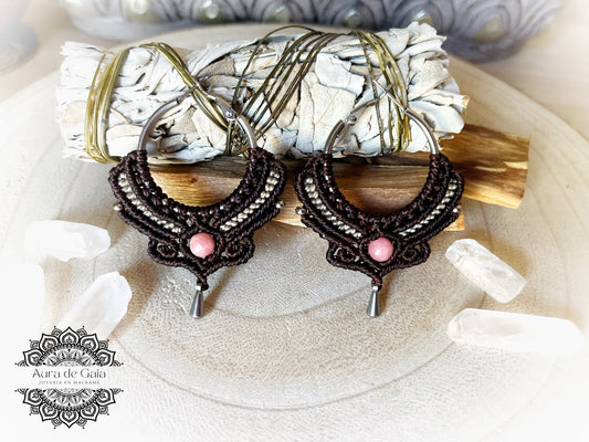 Pendientes Aro Boho Rodocrosita en macramé - Natural Rhodochrosite Boho Hoop Earrings