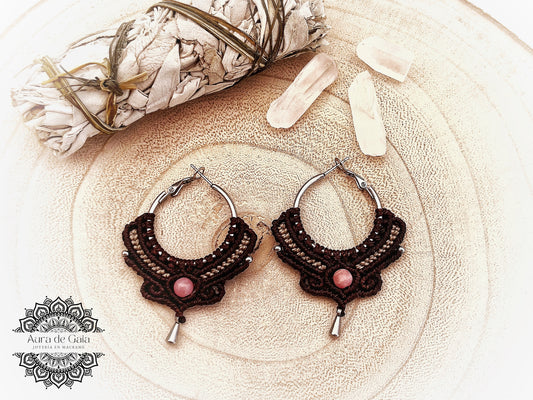 Pendientes Aro Boho Rodocrosita en macramé - Natural Rhodochrosite Boho Hoop Earrings