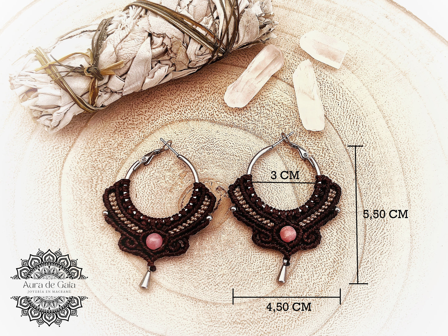Pendientes Aro Boho Rodocrosita en macramé - Natural Rhodochrosite Boho Hoop Earrings