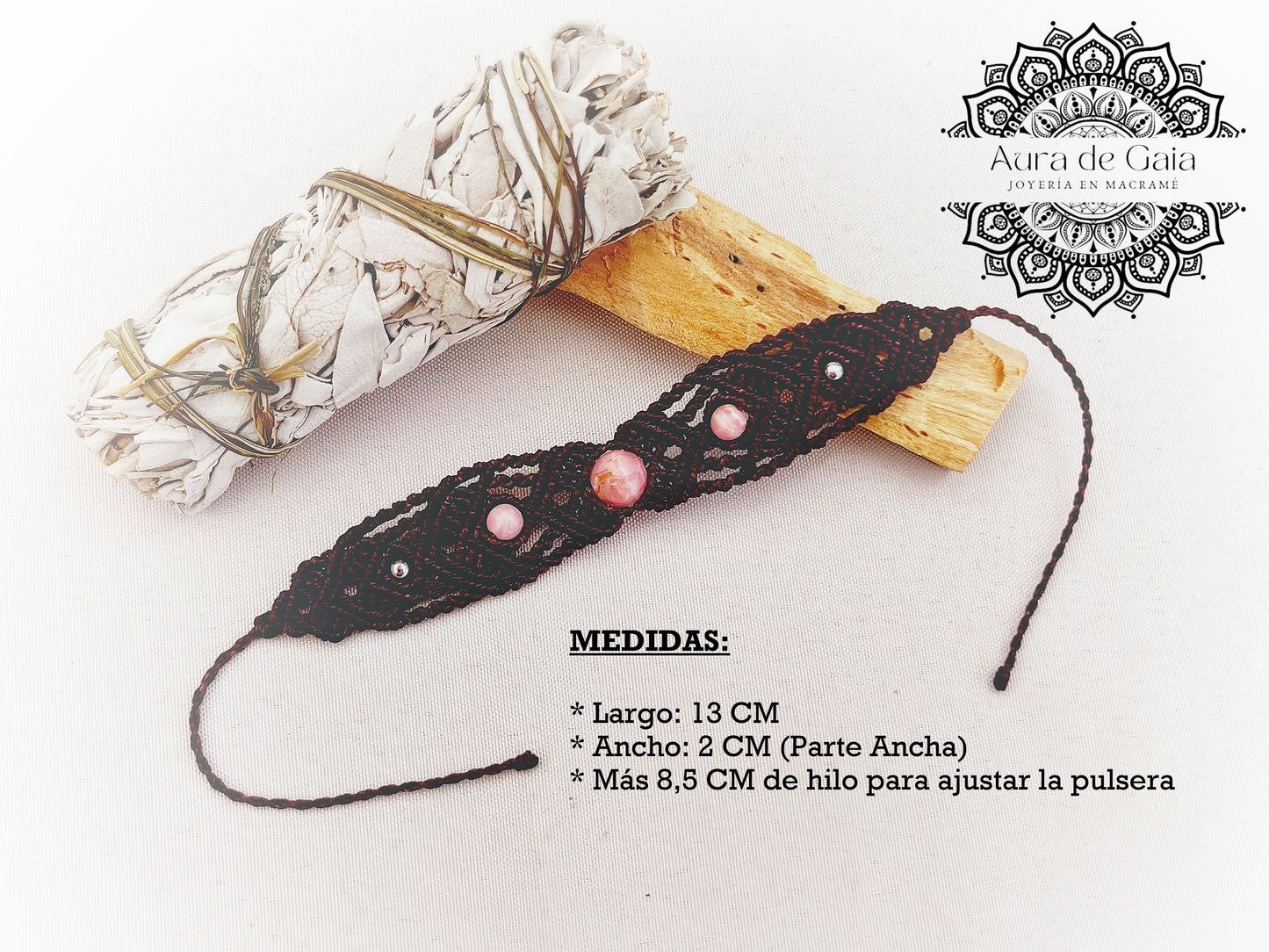 Pulsera en Macramé con Rodocrosita Natural - Macrame Bracelet with Natural Rhodochrosite