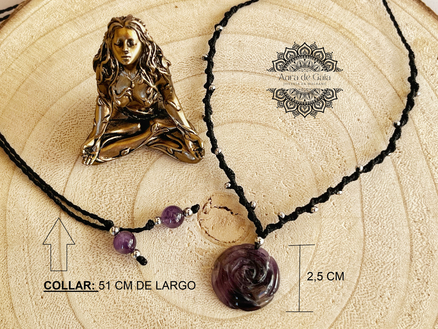 Colgante Flor de Amatista Natural y Cuentas en Acero Inoxidable - Natural Amethyst Flower Pendant with Stainless Steel Beads