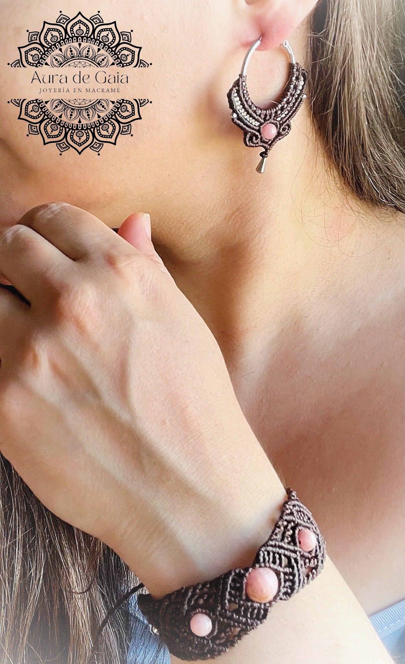 Pendientes Aro Boho Rodocrosita en macramé - Natural Rhodochrosite Boho Hoop Earrings