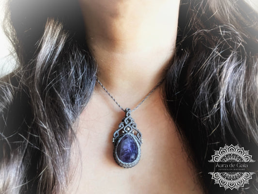 Colgante boho de amatista en macrame - Amethyst Boho Necklace Macrame